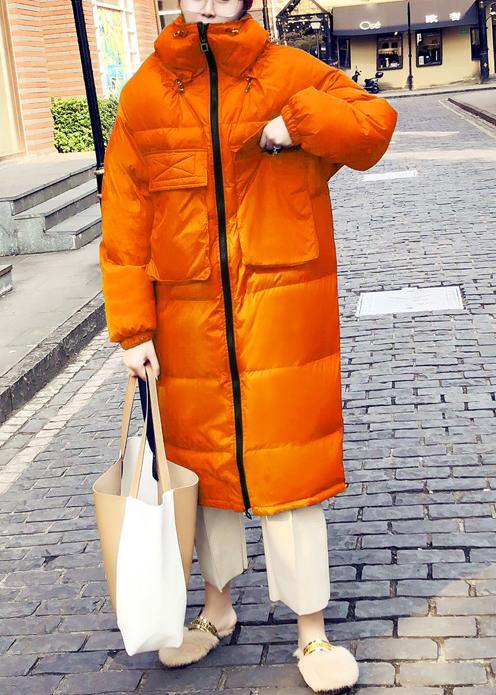 Casual orange down coat winter Loose fitting winter jacket stand collar Cinched quality overcoat