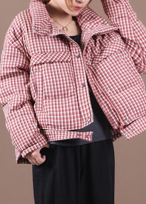 Casual plus size snow jackets red plaid stand collar down jacket woman