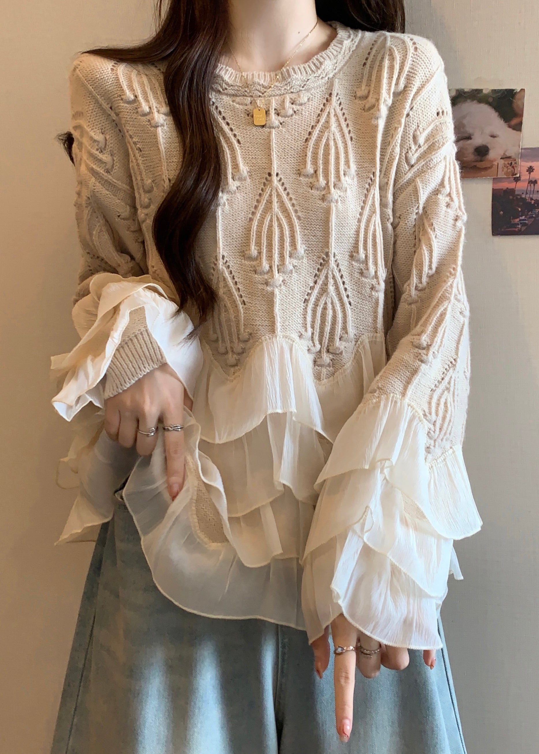 Chic Apricot Ruffled Patchwork Knit Sweater Tops Spring