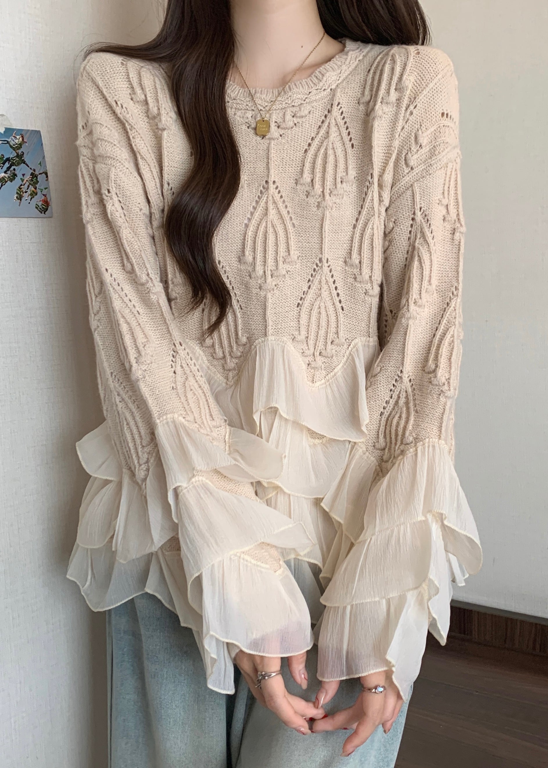 Chic Apricot Ruffled Patchwork Knit Sweater Tops Spring