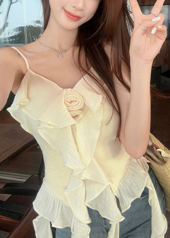 Chic Apricot Solid Ruffled Cotton Spaghetti Strap Tank Sleeveless