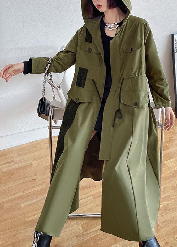 Chic Army Green Pockets Patchwork Button Zippered Fall Tie Waist Hooded Coat Long Sleeve