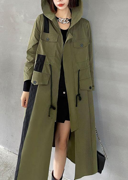 Chic Army Green Pockets Patchwork Button Zippered Fall Tie Waist Hooded Coat Long Sleeve