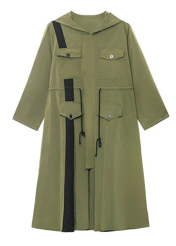 Chic Army Green Pockets Patchwork Button Zippered Fall Tie Waist Hooded Coat Long Sleeve