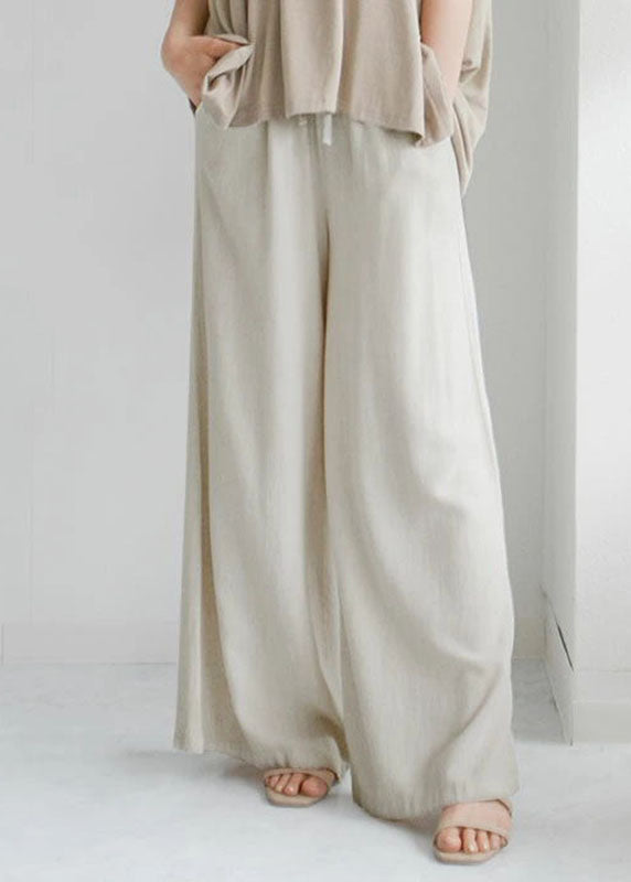 Chic Beige Pockets Elastic Waist Linen Crop Pants Spring