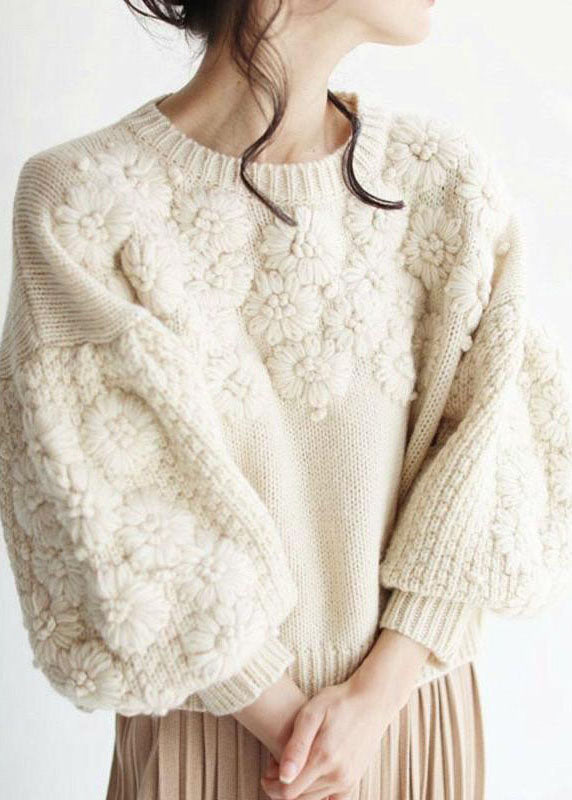 Chic Beige Thick Warm Embroideried Fall Knit sweaters