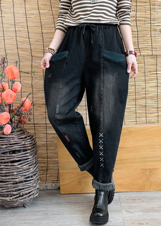 Chic Black Cinched Pockets denim harem pants Winter