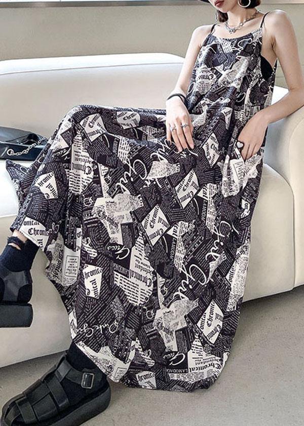 Chic Black Cold Shoulder Print Side Open Cotton Sleeveless Summer Maxi Dress