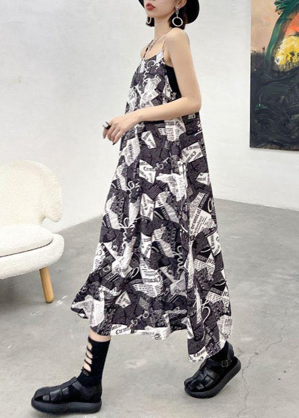 Chic Black Cold Shoulder Print Side Open Cotton Sleeveless Summer Maxi Dress