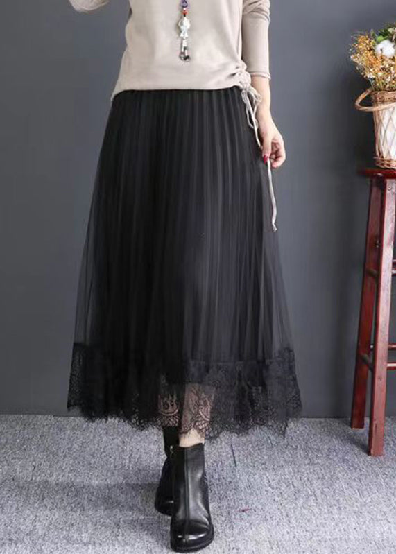 Chic Black Elastic Waist Lace Patchwork Tulle Skirts Fall