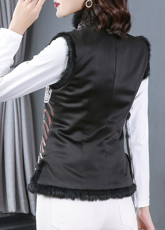 Chic Black Embroideried Fine Cotton Filled Winter Vest