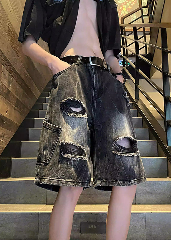 Chic Black Hole High Waist Denim Men Shorts Summer