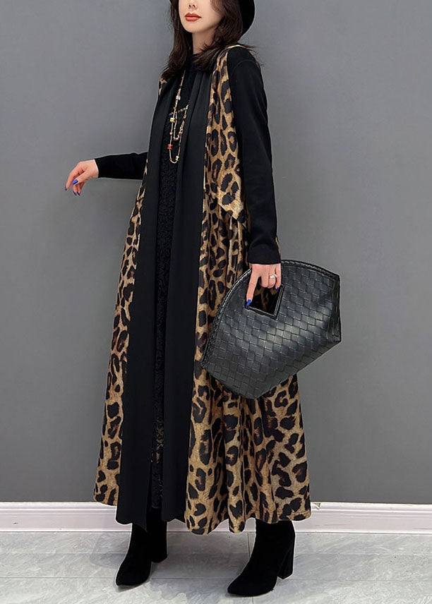 Chic Black Leopard Print Patchwork Chiffon Long Cardigan Sleeveless