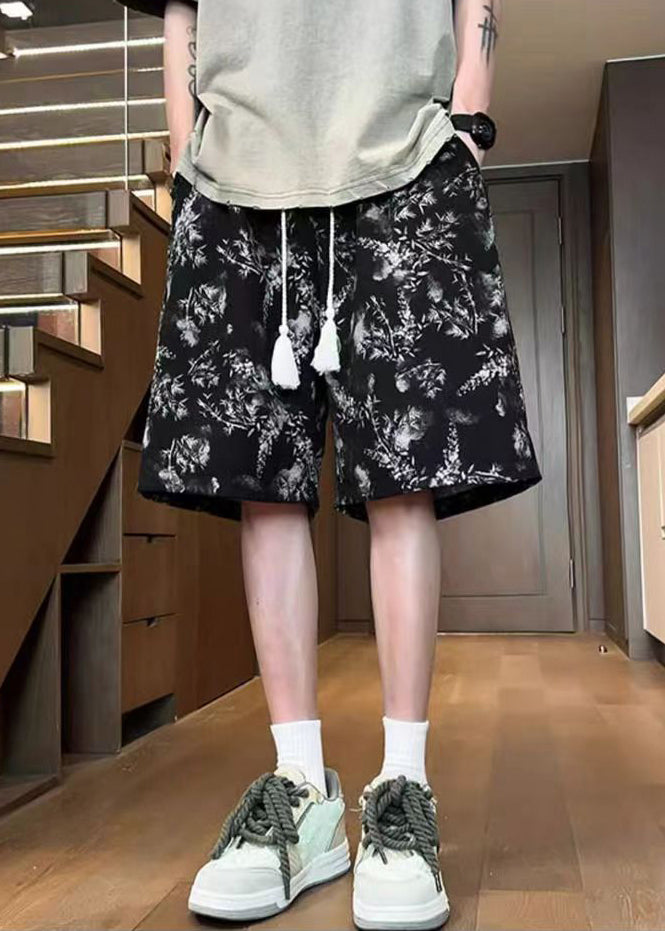 Chic Black Print Elastic Waist Cotton Summer Mens Shorts