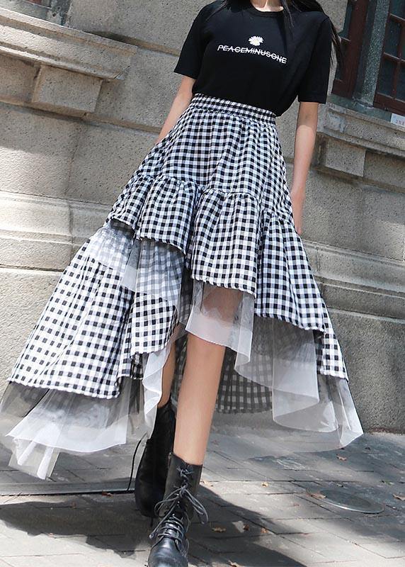 Chic Black White Plaid Ruffles Patchwork Lace Skirt Summer