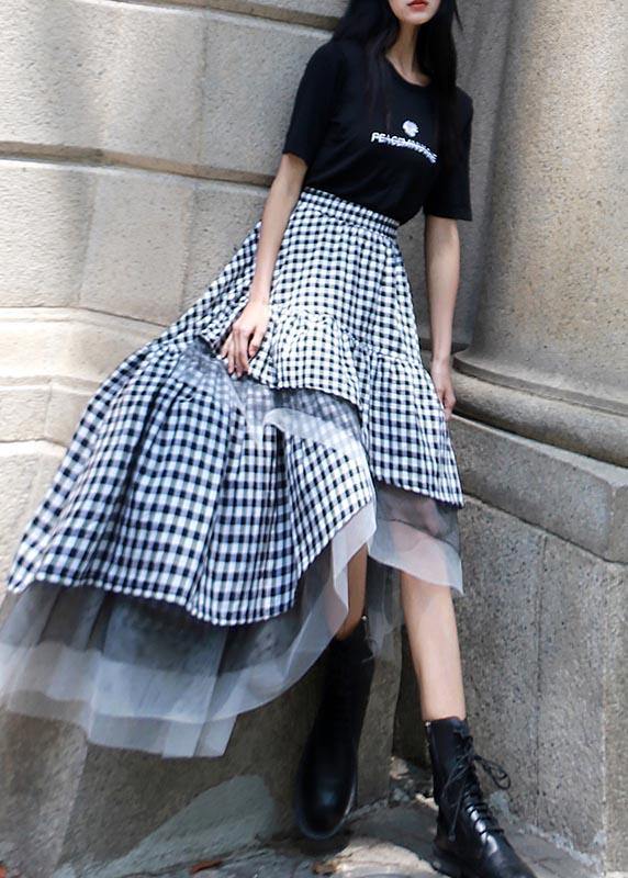 Chic Black White Plaid Ruffles Patchwork Lace Skirt Summer