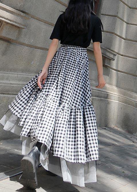 Chic Black White Plaid Ruffles Patchwork Lace Skirt Summer