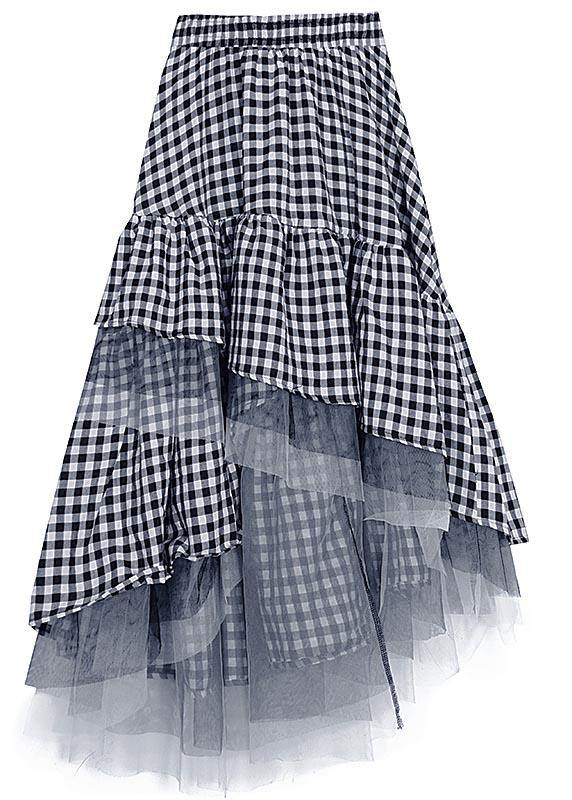 Chic Black White Plaid Ruffles Patchwork Lace Skirt Summer