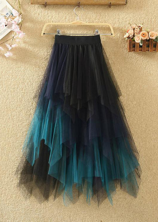 Chic Blue Asymmetrical Elastic Waist Patchwork Tulle Skirts Summer