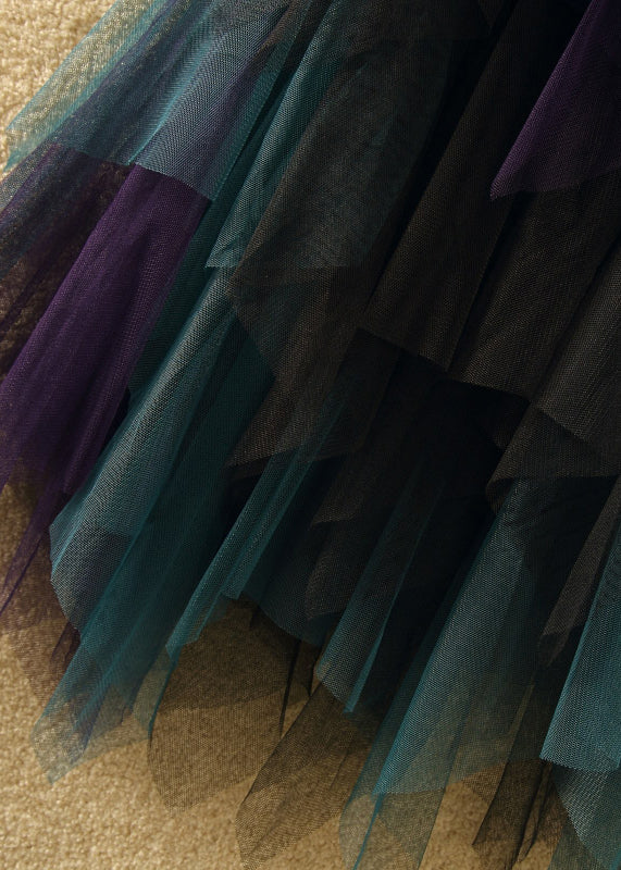 Chic Blue Asymmetrical Elastic Waist Patchwork Tulle Skirts Summer