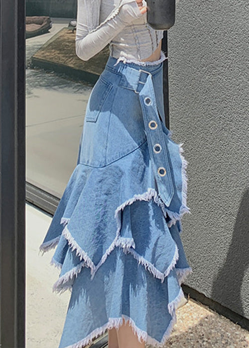 Chic Blue Asymmetrical High Waist Patchwork Denim Skirt Fall