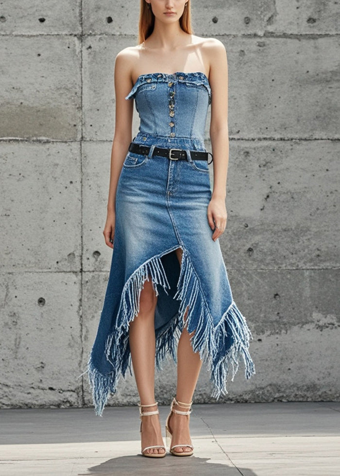 Chic Blue Asymmetrical Patchwork Tasseled Denim Skirts Spring