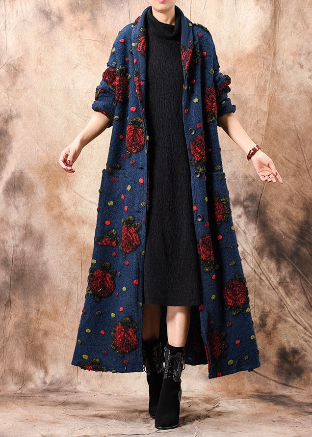 Chic Blue Button Jacquard Floral Winter woolen coats