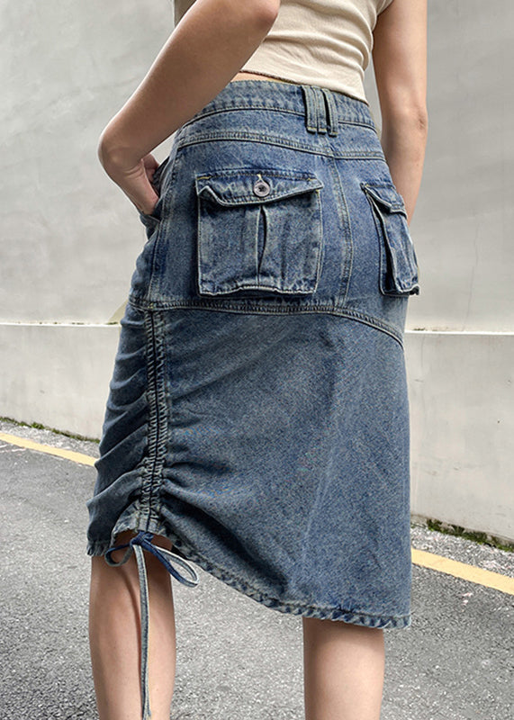 Chic Blue Drawstring Pockets Patchwork Denim Skirt Fall