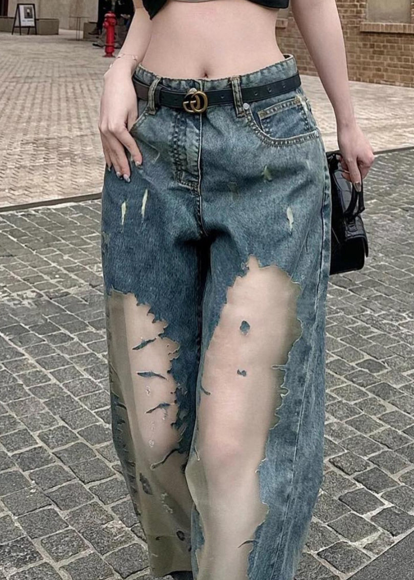 Chic Blue Hollow Out Patchwork Tulle Denim Straight Pants Spring