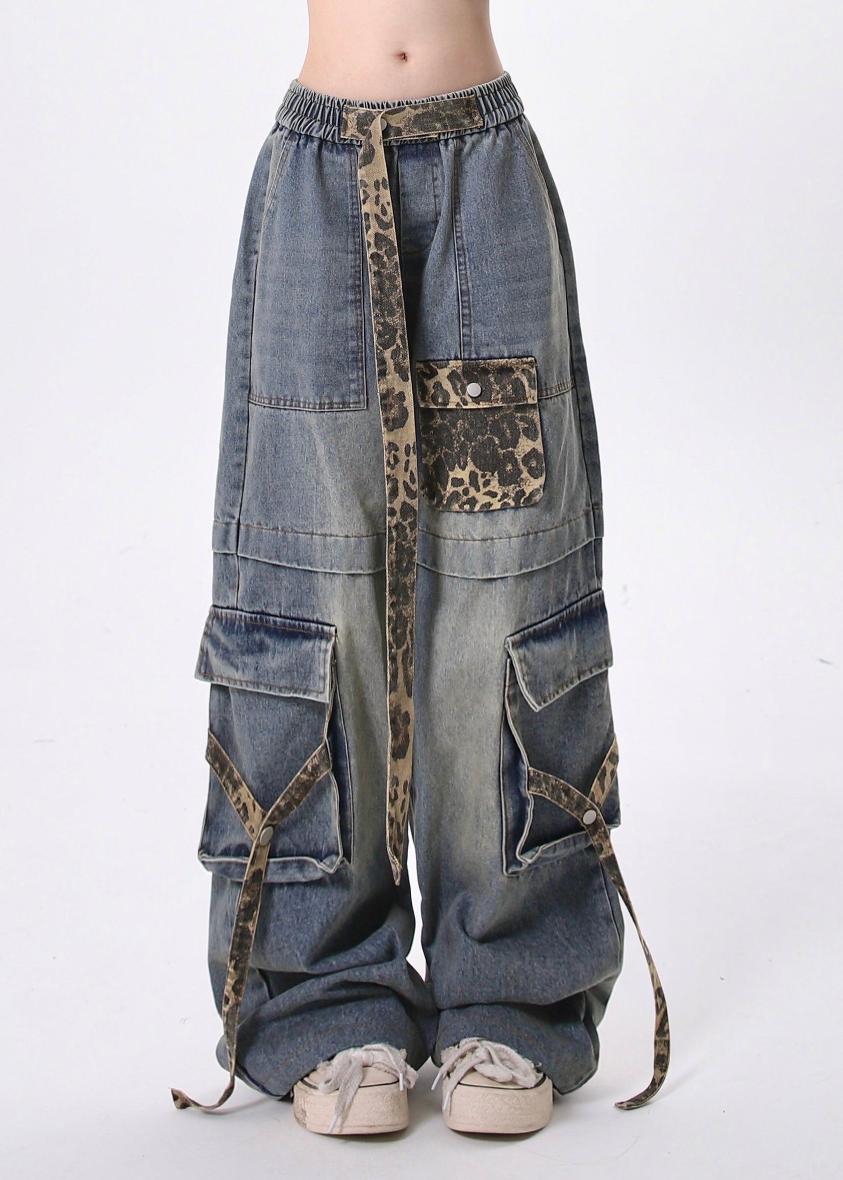 Chic Blue Leopard Pockets Lace Up Patchwork Denim Pants Spring