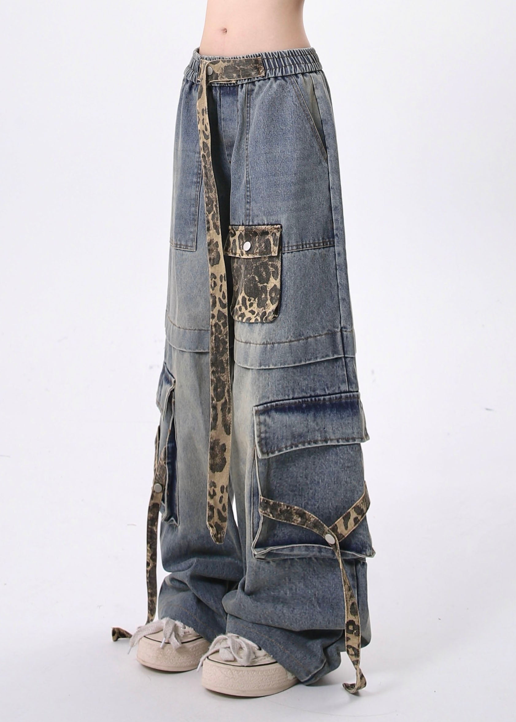 Chic Blue Leopard Pockets Lace Up Patchwork Denim Pants Spring