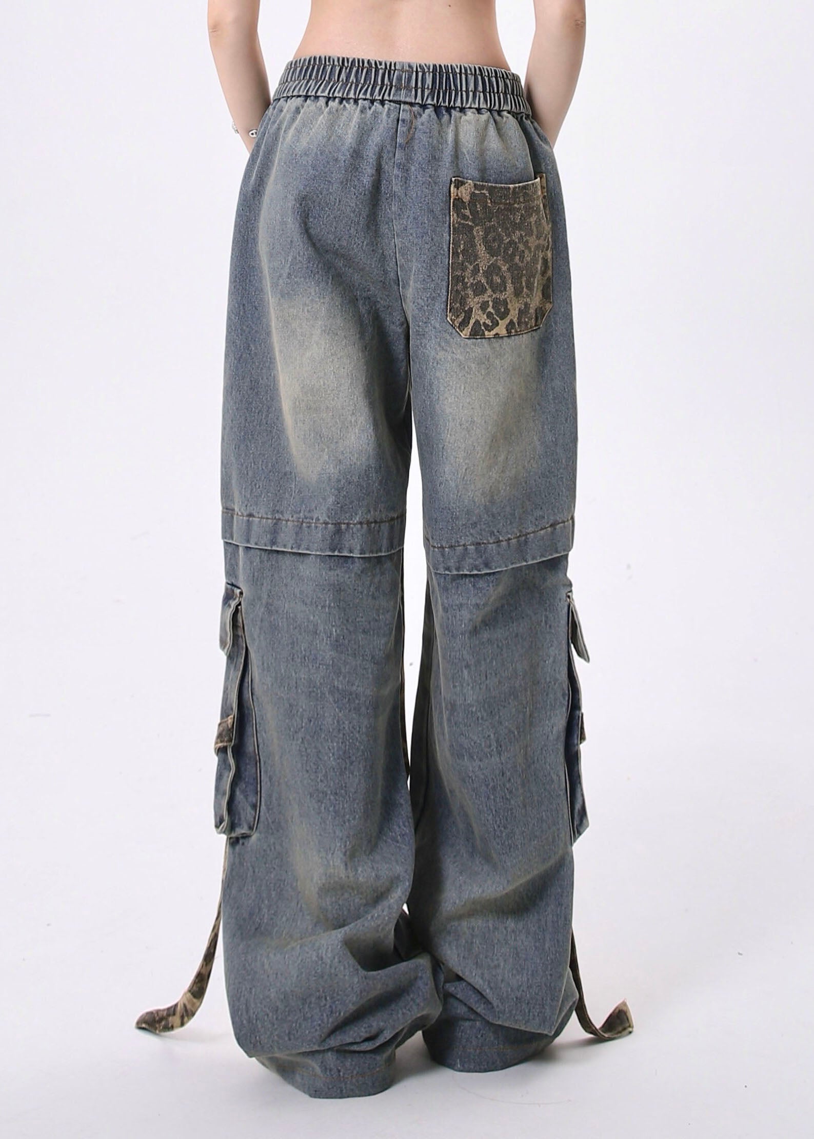 Chic Blue Leopard Pockets Lace Up Patchwork Denim Pants Spring