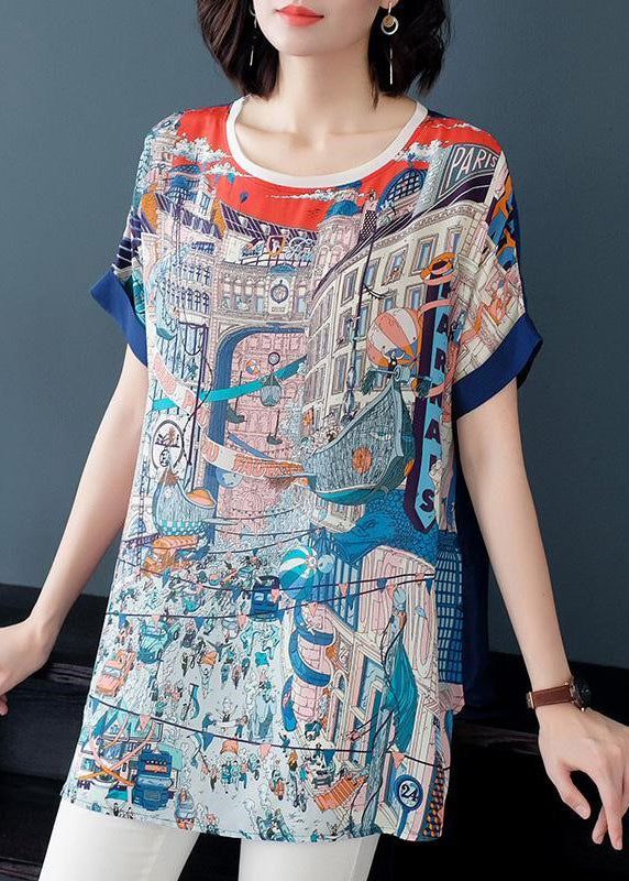 Chic Blue O-Neck Print Patchwork Chiffon Loose Tanks Short Sleeve