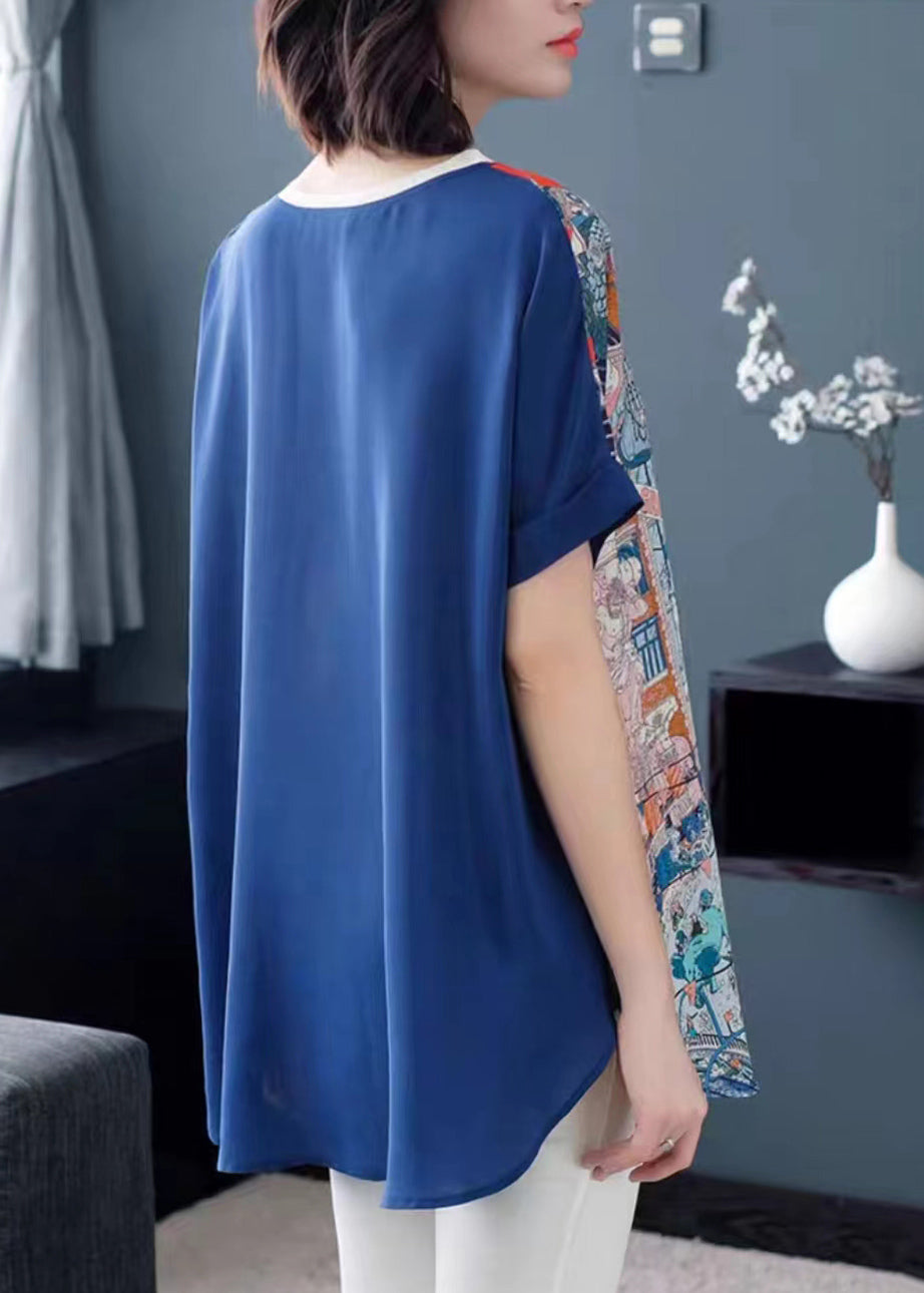 Chic Blue O-Neck Print Patchwork Chiffon Loose Tanks Short Sleeve