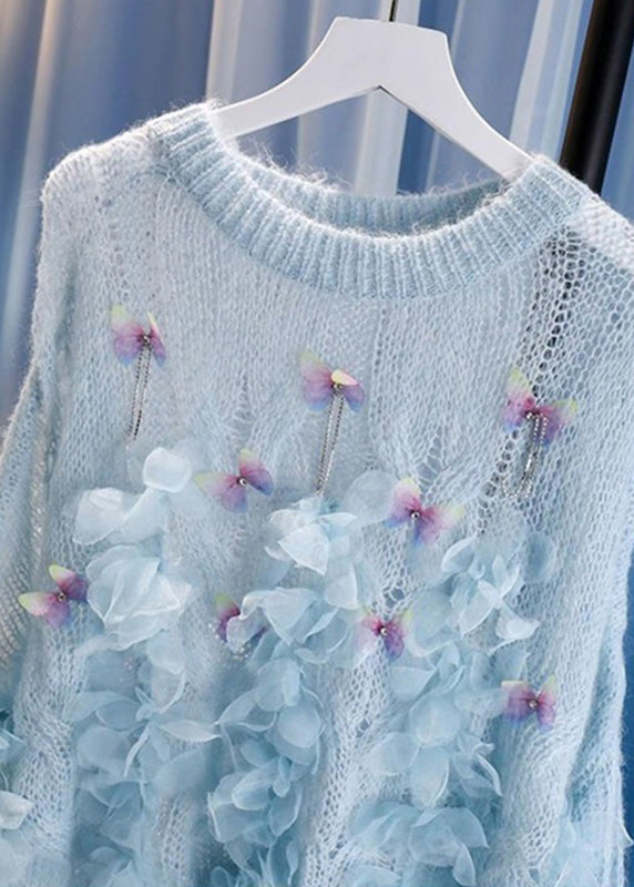 Chic Blue Patchwork Floral Nail Bead Cotton Knit Sweaters Winter