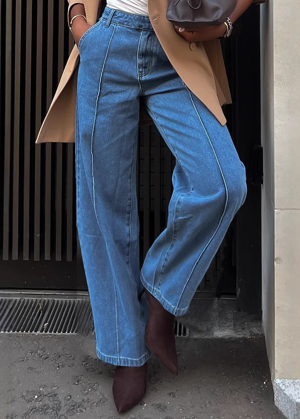 Chic Blue Pockets High Waist Versatile Denim Pants Spring