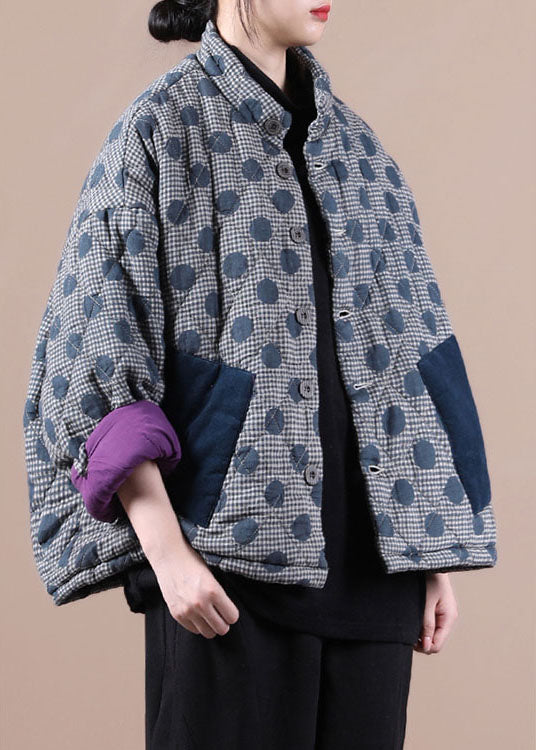 Chic Blue Pockets Patchwork Dot Winter Cotton Coat