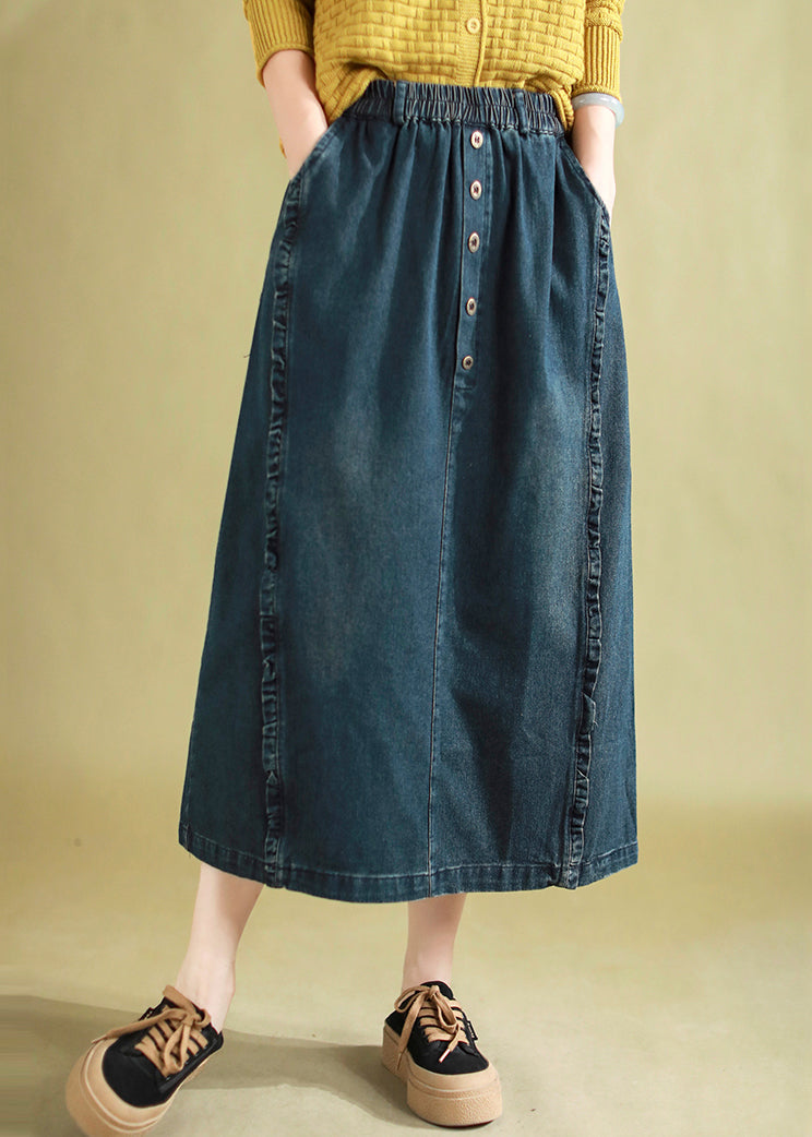 Chic Blue Ruffled Button Denim A Line Skirt Spring