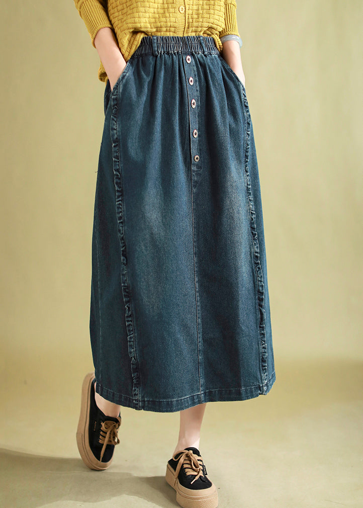 Chic Blue Ruffled Button Denim A Line Skirt Spring