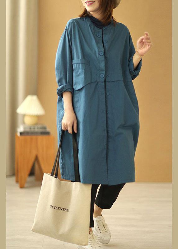 Chic Blue Stand Collar Button Pockets Fall Cotton Coats Long sleeve