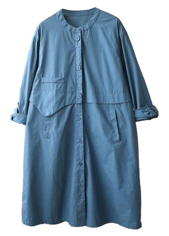 Chic Blue Stand Collar Button Pockets Fall Cotton Coats Long sleeve