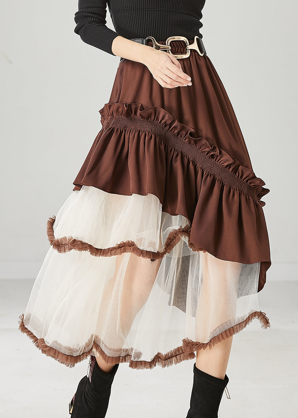 Chic Brown Asymmetrical Patchwork Ruffled Tulle Skirts Spring