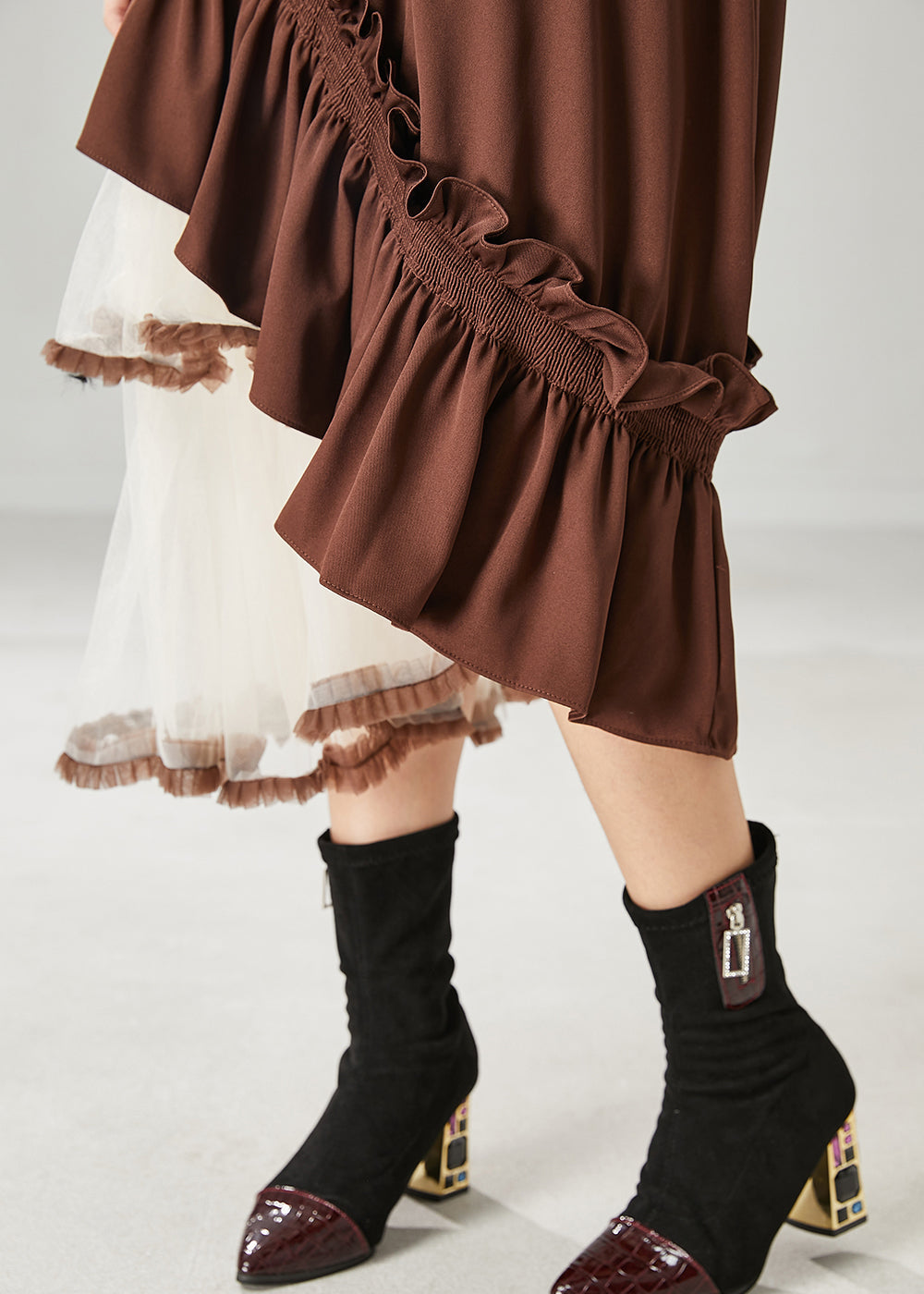 Chic Brown Asymmetrical Patchwork Ruffled Tulle Skirts Spring