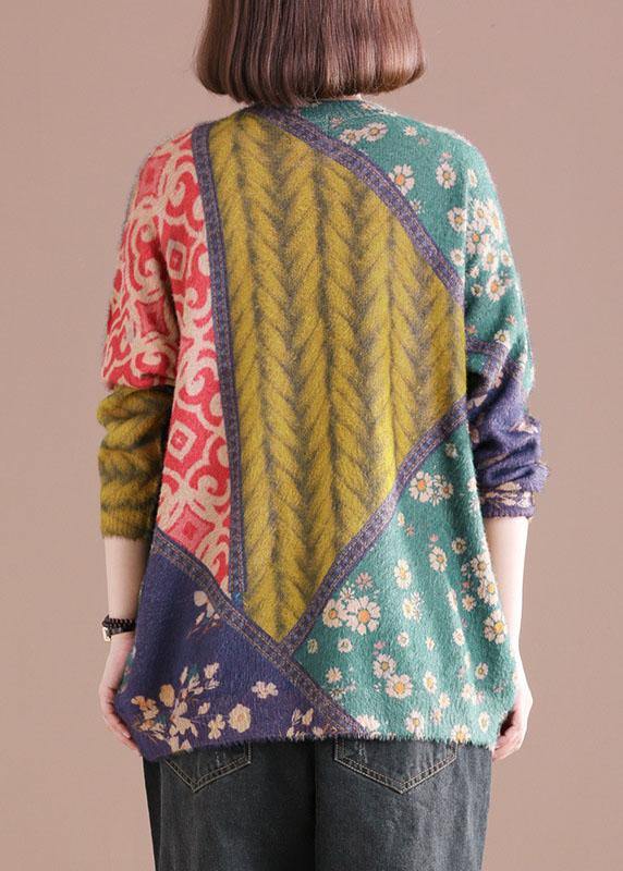 Chic Color Block O-Neck Print Cotton Sweater