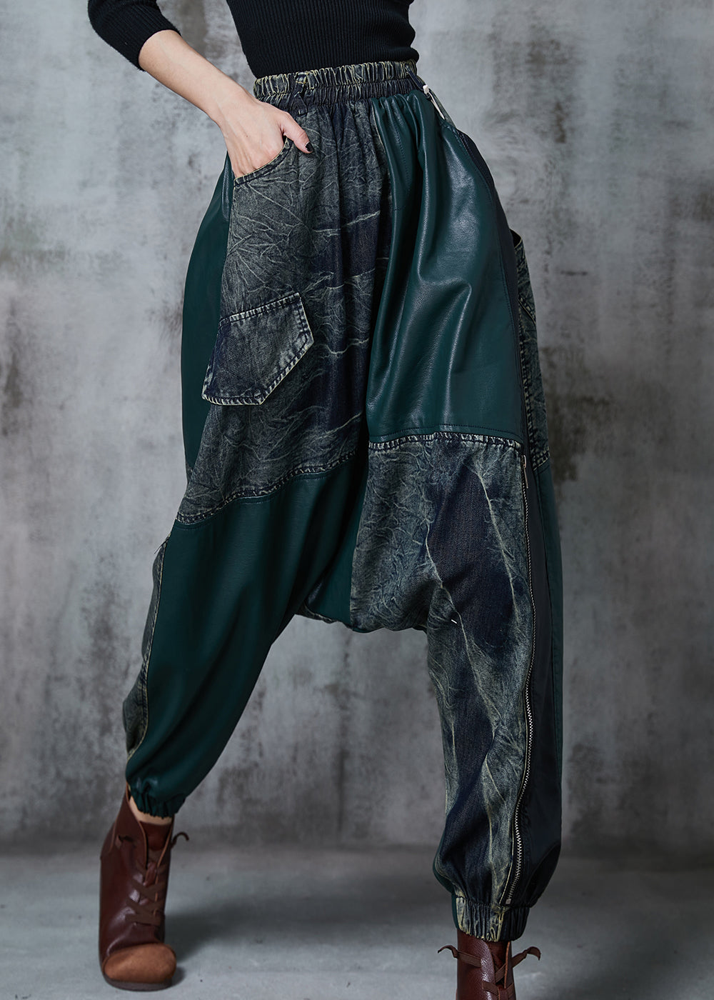 Chic Colorblock Asymmetrical Patchwork Denim Harem Pants Fall