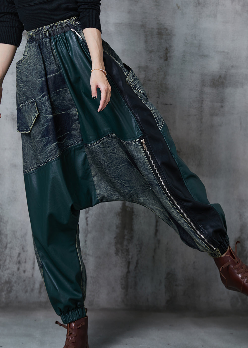 Chic Colorblock Asymmetrical Patchwork Denim Harem Pants Fall