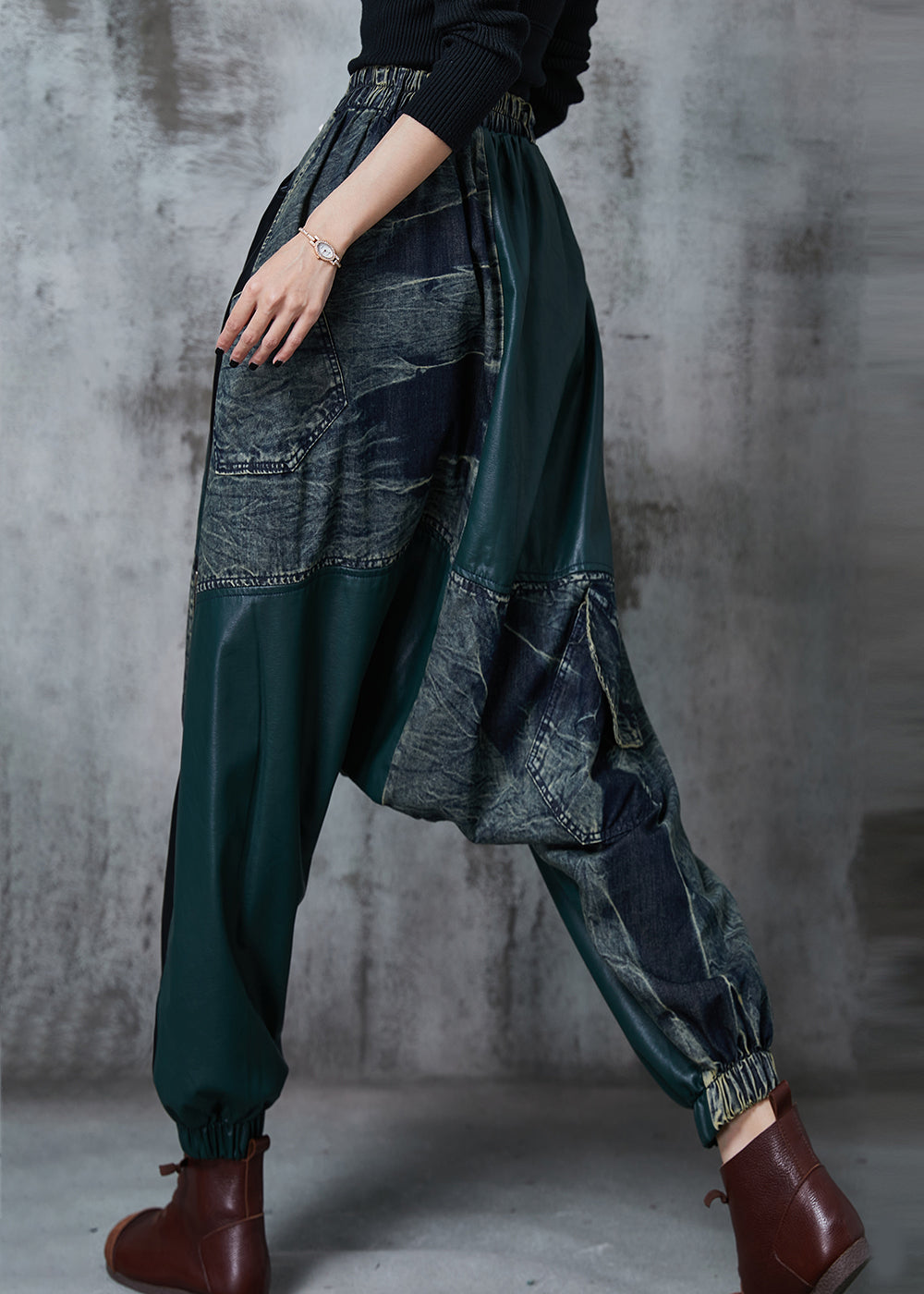 Chic Colorblock Asymmetrical Patchwork Denim Harem Pants Fall