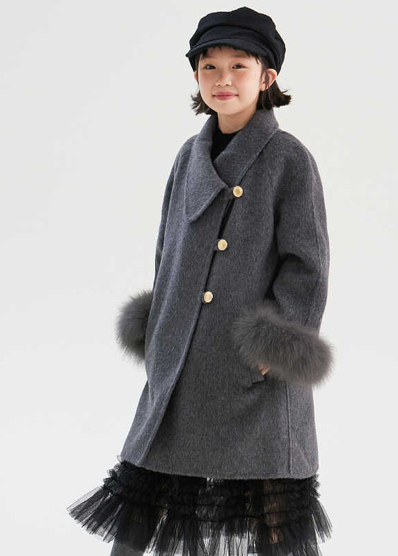 Chic Dark Grey Asymmetrical Patchwork Pockets Girls Long Woolen Coats Fall