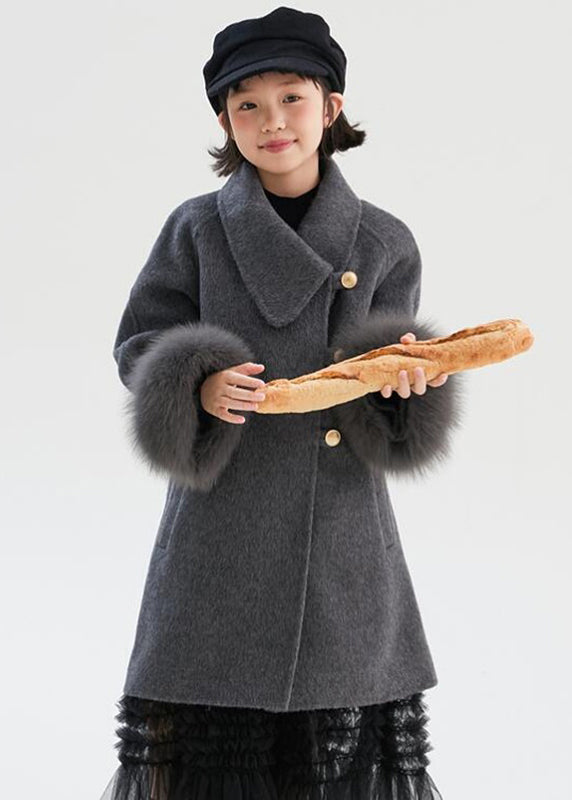 Chic Dark Grey Asymmetrical Patchwork Pockets Girls Long Woolen Coats Fall