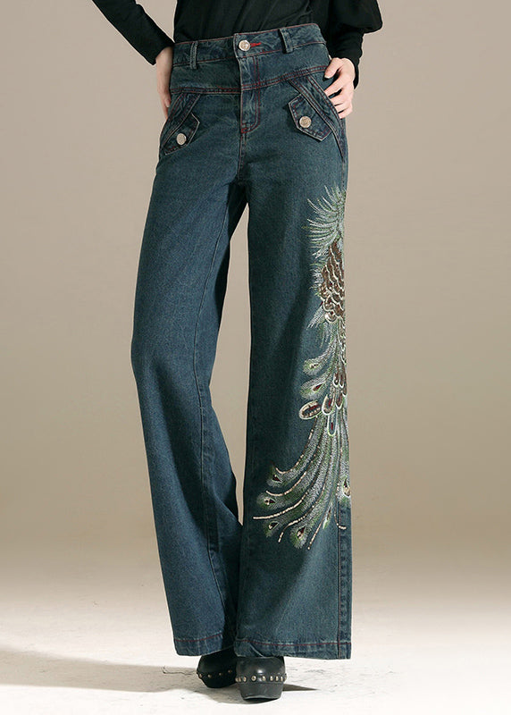 Chic Denim Blue Sequins Embroideried Pockets Cotton Wide Leg Pants Summer